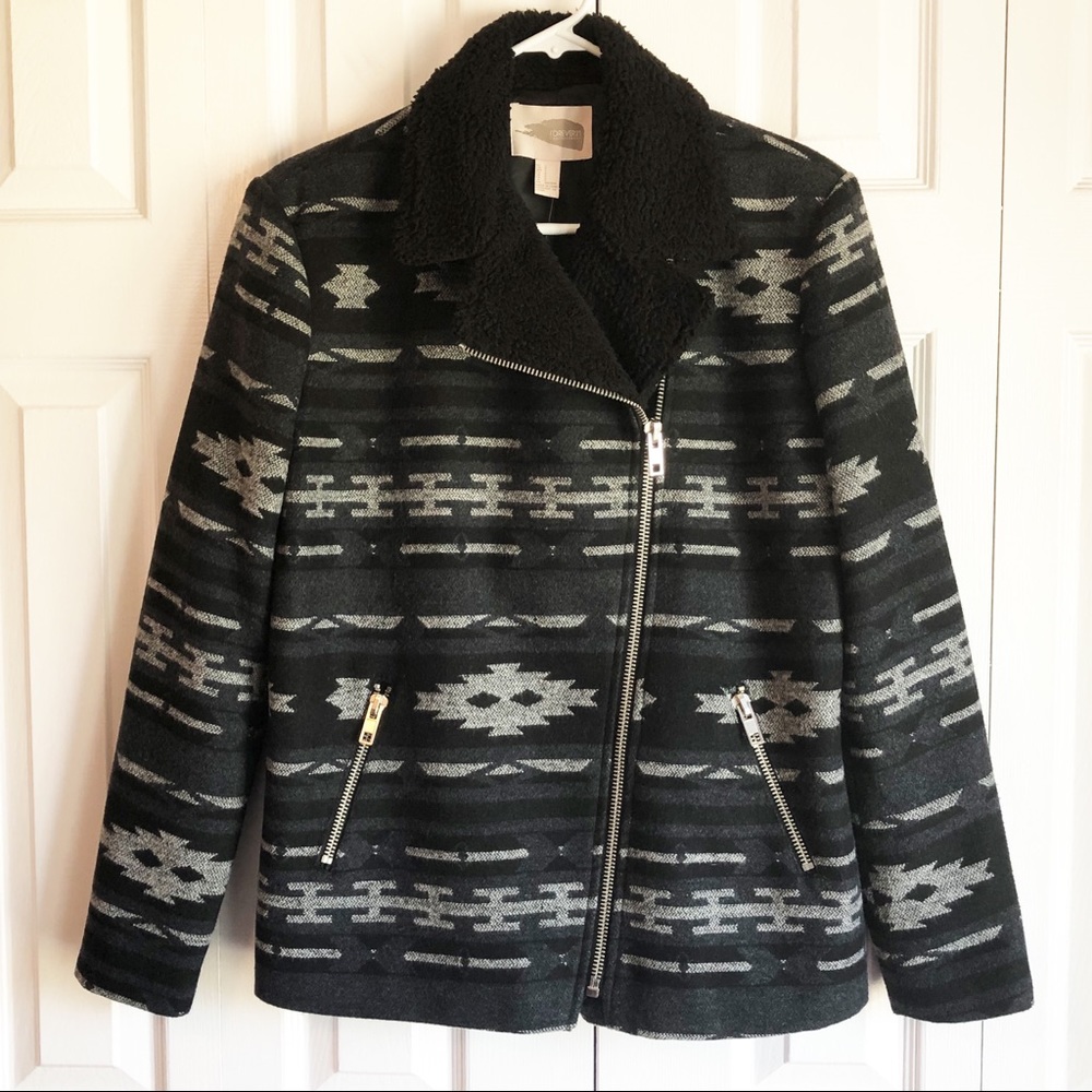 NWT Forever 21 Black Boho Southwest Print Wool Moto Jacket Small